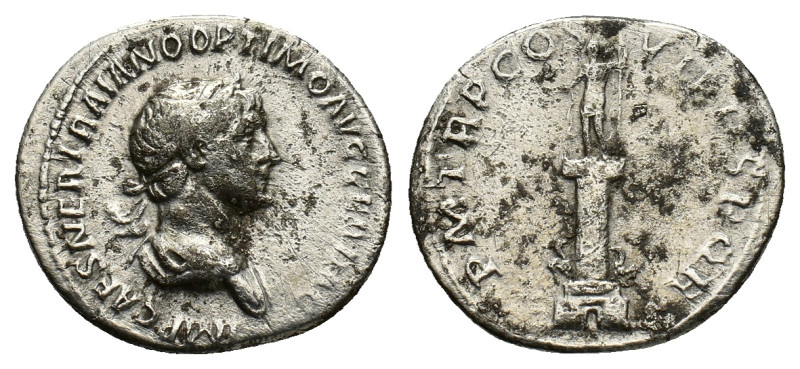 Trajan (98-117). AR Denarius (20mm, 2.72g). Rome, 114-5. Laureate and draped bus...
