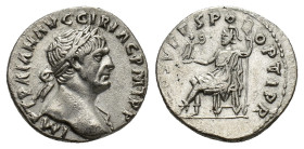 Trajan (98-117). AR Denarius (19mm, 3.31g). Contemporary imitation of Rome issue. Laureate bust r., slight drapery. R/ Roma seated l., holding Victory...