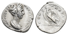 Diva Marciana (died AD 112/4). AR Denarius (19mm, 3.32g). Rome, AD 114. Draped bust r., wearing stephane. R/ Eagle standing l., head r., on bar, with ...