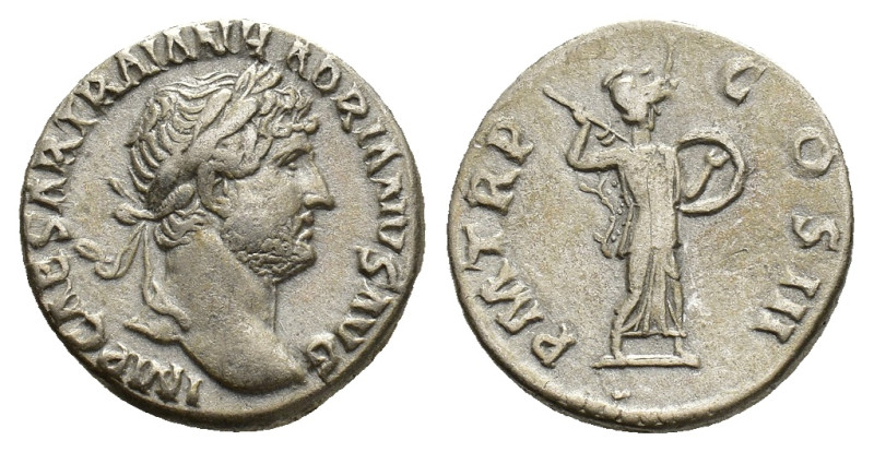 Hadrian (117-138). AR Denarius (17mm, 3.40g). Rome, 121-3. Laureate head r. R/ M...