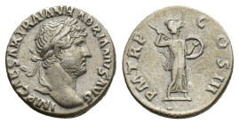 Hadrian (117-138). AR Denarius (17mm, 3.40g). Rome, 121-3. Laureate head r. R/ Minerva Promachus standing r., holding spear and shield. RIC II.3 516; ...