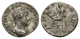 Hadrian (117-138). AR Denarius (18mm, 3.30g). Rome, c. 119-125. Laureate and draped bust r. R/ Concordia seated l. on throne, holding patera and resti...