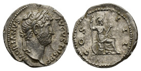 Hadrian (117-138). AR Denarius (16mm, 3.33g). Rome, 134-138. Laureate head r. R/ Roma seated r. on cuirass and shield, holding spear and parazonium. R...