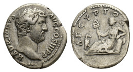 Hadrian (117-138). AR Denarius (16.5mm, 3.19g). “Travel series” issue. Rome, c. 130-3. Bare head r. R/ Egypt reclining l., holding sistrum and resting...