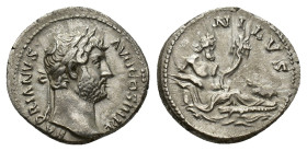 Hadrian (117-138). AR Denarius (18mm, 3.46g). “Travel series” issue. Rome, c. 130-3. Laureate head r. R/ Nilus reclining r., holding reed and cornucop...