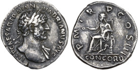 Hadrian (117-138). AR Denarius (18mm, 3.48g). “Travel series” issue. Rome, c. 130-3. Bare head r. R/ Nilus reclining r., holding reed and cornucopia; ...