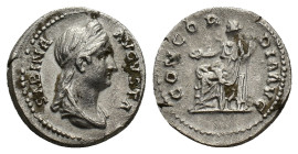 Sabina (Augusta, 128-136/7). AR Denarius (18mm, 3.00g). Rome, c. 128-134. Draped bust r., wearing stephane. R/ Concordia seated l., holding patera and...