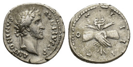 Antoninus Pius (138-161). AR Denarius (18mm, 3.74g). Rome, 145-7. Laureate head r. R/ Clasped r. hands holding caduceus between two stalks of grain. R...