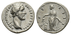 Antoninus Pius (138-161). AR Denarius (18.5mm, 3.34g). Rome, 147-8. Laureate head r. R/ Annona standing l. holding corn ears and anchor; modius to l. ...
