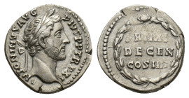 Antoninus Pius (138-161). AR Denarius (18mm, 3.22g). Rome, 147-8. Laureate head r. R/ PRIMI/DECEN/COS IIII in three lines within oak wreath. RIC III 1...