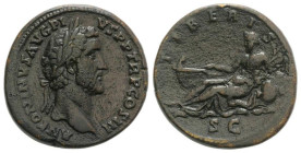 Antoninus Pius (138-161). Æ Sestertius (32.5mm, 22.91g, 12h). Rome, c. 141-3. Laureate head r. R/ Tiber reclining l. on overturned urn from which wate...