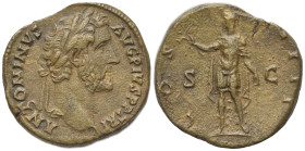 Antoninus Pius (138-161). Æ Sestertius (30.5mm, 26.85g, 12h). Rome, 145-7. Laureate head r. R/ Antoninus Pius standing l., wearing radiate nimbus, hol...