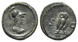 Anonymous, time of Domitian to Antoninus Pius. Æ Quadrans (16mm, 3.30g, 6h). Rome. Helmeted bust of Minerva r. R/ Owl standing r. RIC II 7. Dark patin...