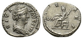 Diva Faustina Senior (died 140/1). AR Denarius (19mm, 3.36g). Rome, 146-161. Draped bust r. R/ Ceres, veiled, seated l., holding two grain ears and lo...