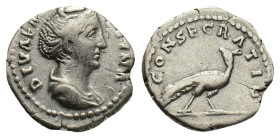 Diva Faustina Senior (died 140/1). AR Denarius (18mm, 2.78g). Rome, c. 146-161. Draped and veiled bust r. R/ Peacock standing r., head l. RIC III 384 ...