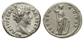 Marcus Aurelius (Caesar, 139-161). AR Denarius (18mm, 3.13g). Rome, 147-8. Bareheaded bust r., slight drapery. R/ Minerva standing r., holding spear a...