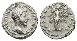 Marcus Aurelius (161-180). AR Denarius (18mm, 3.28g). Rome, AD 166. Laureate head r. R/ Victory standing r. placing shield inscribed VIC PAR on palm t...