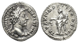 Marcus Aurelius (161-180). AR Denarius (18mm, 3.31g). Rome, 166-7. Laureate head r. R/ Aequitas standing l., holding scales and cornucopia. RIC III 17...
