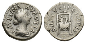 Faustina Junior (Augusta, 147-175). AR Denarius (18mm, 3.50g). Rome, 161-4. Draped bust r. r/ Pulvinar on which are Commodus and Antoninus. RIC III 71...