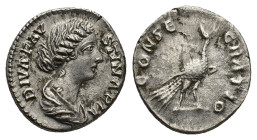 Diva Faustina Junior (died 175/6). AR Denarius (17mm, 3.45g). Rome, 175/6-180. Draped bust r. R/ Peacock standing r., head turned up l. RIC III 744 va...