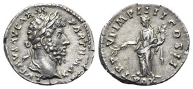 Lucius Verus (161-169). AR Denarius (19mm, 3.36g, 12h). Rome, AD 166. Laureate head r. R/ Pax standing l., holding cornucopiae and olive-branch. RIC I...