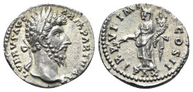 Lucius Verus (161-169). AR Denarius (19mm, 3.32g, 12h). Rome, AD 166. Laureate head r. R/ Pax standing l., holding cornucopiae and olive-branch. RIC I...