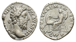 Commodus (177-192). AR Denarius (16mm, 2.63g). Rome, AD 189. Laureate head r. R/ Fortuna seated l., holding horse by bridle and cornucopia. RIC III 19...