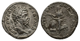 Septimius Severus (193-211). AR Denarius (18mm, 3.05g). Rome, 200-1. Laureate head r. R/ Victory flying l., holding open wreath; shield on base to l. ...