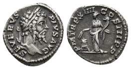 Septimius Severus (193-211). AR Denarius (18mm, 3.43g). Rome, AD 206. Laureate head r. R/ Annona standing facing, head l., holding grain ears over mod...