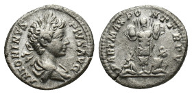 Caracalla (198-217). AR Denarius (18mm, 2.97g). Rome, AD 201. Laureate and draped bust r. R/ Trophy; bound captive seated to l. and r. RIC IV 63; RSC ...