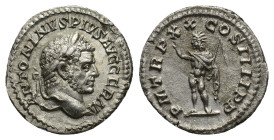 Caracalla (198-217). AR Denarius (19mm, 3.27g). Rome, AD 217. Laureate head r. R/ Sol standing l., raising hand and holding whip. RIC IV 293d; RSC 389...