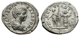 Geta (Caesar, 198-209). AR Denarius (21mm, 3.16g). Rome, 200-5. Bareheaded and draped bust r. R/ Geta standing l., holding baton and sceptre; trophy t...