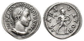 Severus Alexander (222-235). AR Denarius (20mm, 2.86g). Rome, AD 232. Laureate, draped and cuirassed bust r. R/ Mars advancing r., holding spear and s...