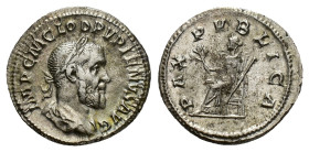 Pupienus (AD 238). AR Denarius (19mm, 2.86g). Rome, AD 238. Laureate, draped and cuirassed bust r. R/ Pax seated l., holding olive branch and sceptre....
