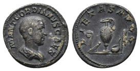 Gordian III (Caesar, AD 238). AR Denarius (19mm, 3.83g). Rome. Bareheaded and draped bust r. R/ Emblems of the pontificate: lituus, secespita, guttus,...