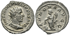 Philip I (244-249). AR Antoninianus (23mm, 3.94g, 6h). Rome, 244-7. Radiate, draped and cuirassed bust r. R/ Annona standing l., holding grain ears ov...