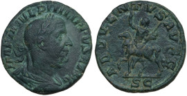Philip I (244-249). Æ Sestertius (29mm, 15.65g). Rome, AD 245. Laureate, draped and cuirassed bust r. R/ Philip on horseback l., raising hand and hold...