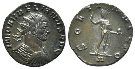 Aurelian (270-275). Radiate (20mm, 3.06g, 6h). Rome, AD 273. Radiate and cuirassed bust r. R/ Sol standing facing, head l., raising hand and holding g...