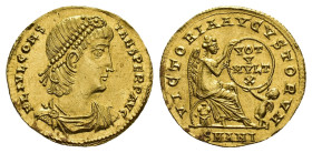 Constans (337-350). AV Solidus (21.5mm, 4.45g). Antioch, 337-347. Pearl-diademed, draped and cuirassed bust r. R/ Victory seated r. on cuirass, behind...