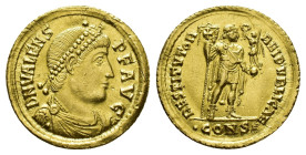 Valens (364-378). AV Solidus (22mm, 4.41g). Constantinople, 364-7. Diademed, draped and cuirassed bust r. R/ Valens standing r., holding labarum and V...