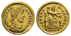 Theodosius I (379-395). AV Solidus (21mm, 4.39g). Constantinople, AD 380. Pearl-diademed, draped and cuirassed bust r. R/ Constantinopolis seated faci...