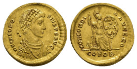Theodosius I (379-395). AV Solidus (20.5mm, 4.48g). Constantinople, 388-392. Pearl-diademed, draped and cuirassed bust r. R/ Constantinopolis seated f...