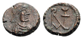 Anastasius I (491-518). Æ Nummus (8.5mm, 0.85g, 6h). Constantinople, 491-498. Diademed, draped and cuirassed bust r. R/ Monogram of Anastasius. MIBE 4...