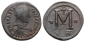 Anastasius I (491-518). Æ 40 Nummi (34mm, 19.81g, 6h). Constantinople, 498-518. Diademed, draped and cuirassed bust r. R/ Large M; star to l. and r., ...