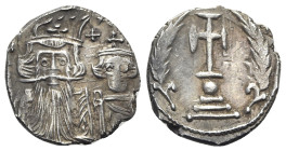 Constans II with Constantine IV (641-668). AR Miliaresion (20mm, 3.91g, 6h). Ceremonial coinage. Constantinople, 659-668. Crowned and draped facing bu...