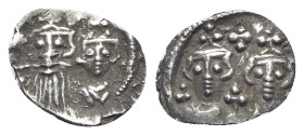 Constans II with Constantine IV, Heraclius and Tiberius (641-668). AR Half Siliqua (11mm, 0.40g, 6h). Carthage, 662-668. Crowned, draped and cuirassed...