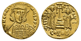 Constantine IV Pogonatus with Heraclius and Tiberius (668-685). AV Solidus (19mm, 4.34g). Constantinople, 668-673. Helmeted and cuirassed bust facing ...