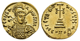 Constantine IV Pogonatus with Heraclius and Tiberius (668-685). AV Solidus (18mm, 4.40g). Constantinople, 681-685. Helmeted and cuirassed bust facing ...