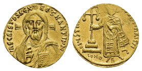 Justinian II (First reign, 685-695). AV Solidus (20mm, 4.11g). Constantinople, 692-5. Bust of Christ Pantokrator facing; cross behind. R/ Justinian st...