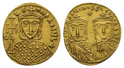 Constantine V Copronymus with Leo IV and Leo III (741-775). AV Solidus (21mm, 4.47g). Constantinople, c. 756-764. Crowned and draped facing busts of C...